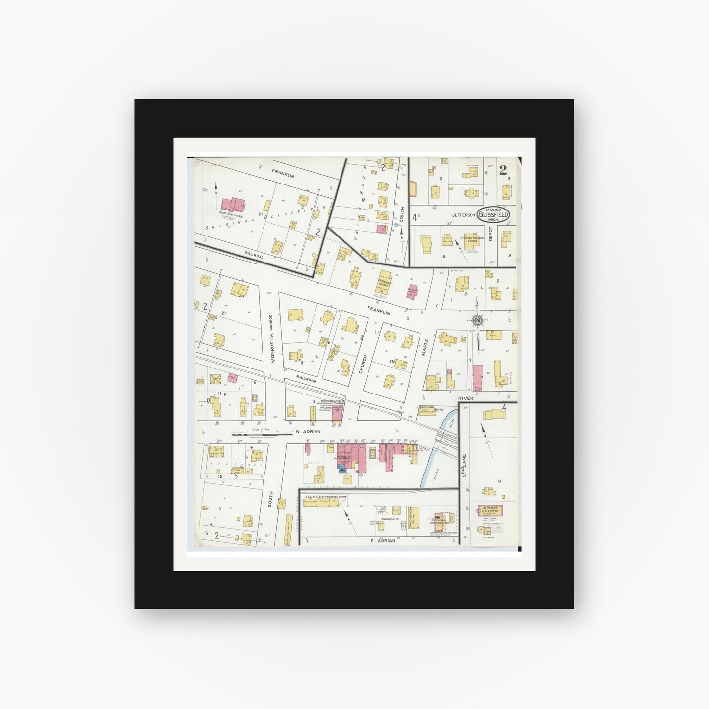 Old map wall art mockup — black gallery frame with white mat — Sanborn Fire Insurance Map from Blissfield, Lenawee County, Michigan (1919), Sheet #0002