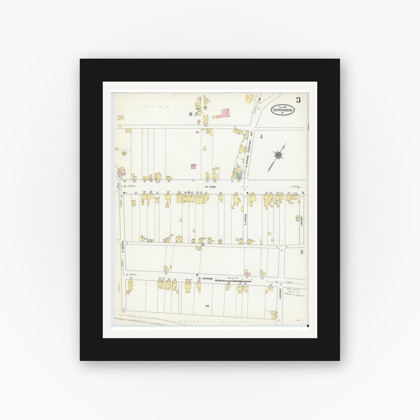 Old map wall art mockup — black gallery frame with white mat — Sanborn Fire Insurance Map from Shippensburg, Cumberland And Franklin Counties, Pennsylvania (1910), Sheet #0003