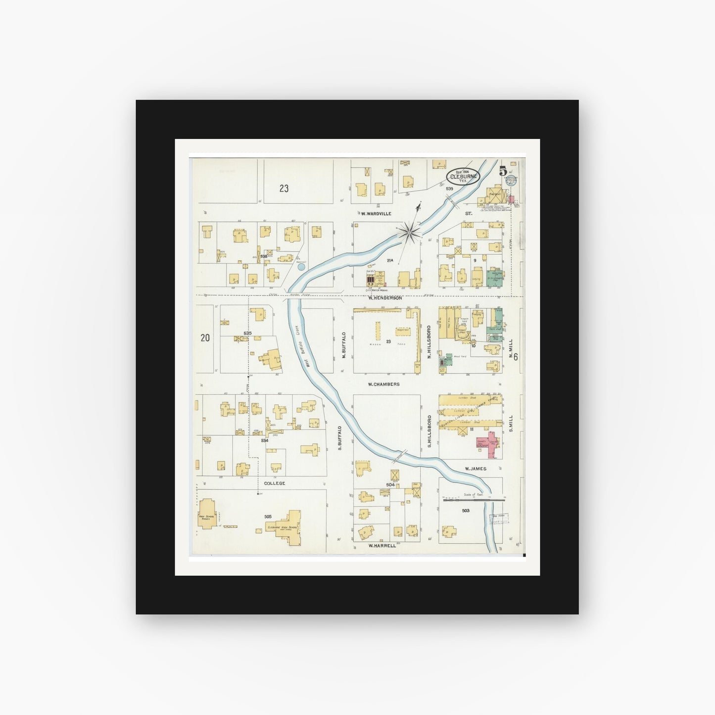 Old map wall art mockup — black gallery frame with white mat — Sanborn Fire Insurance Map from Cleburne, Johnson County, Texas (1904), Sheet #0005