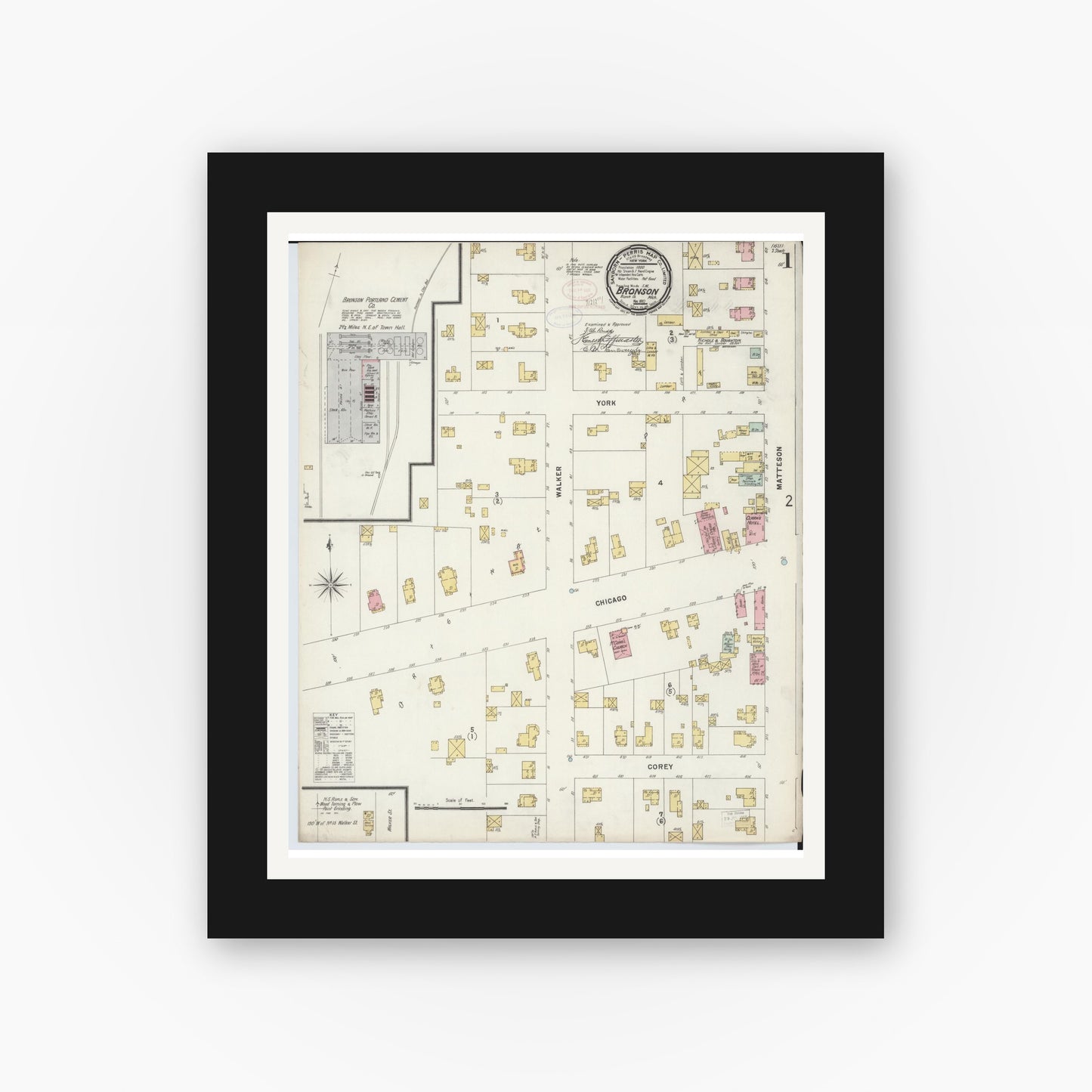 Old map wall art mockup — black gallery frame with white mat — Sanborn Fire Insurance Map from Bronson, Branch County, Michigan (1897), Sheet #0001