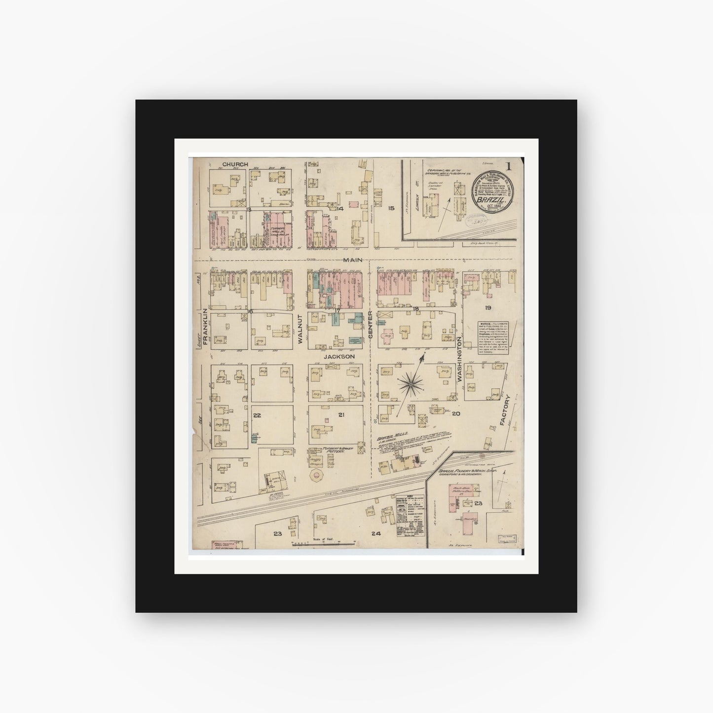 Old map wall art mockup — black gallery frame with white mat — Sanborn Fire Insurance Map from Brazil, Clay County, Indiana (1883) - Complete Map Set