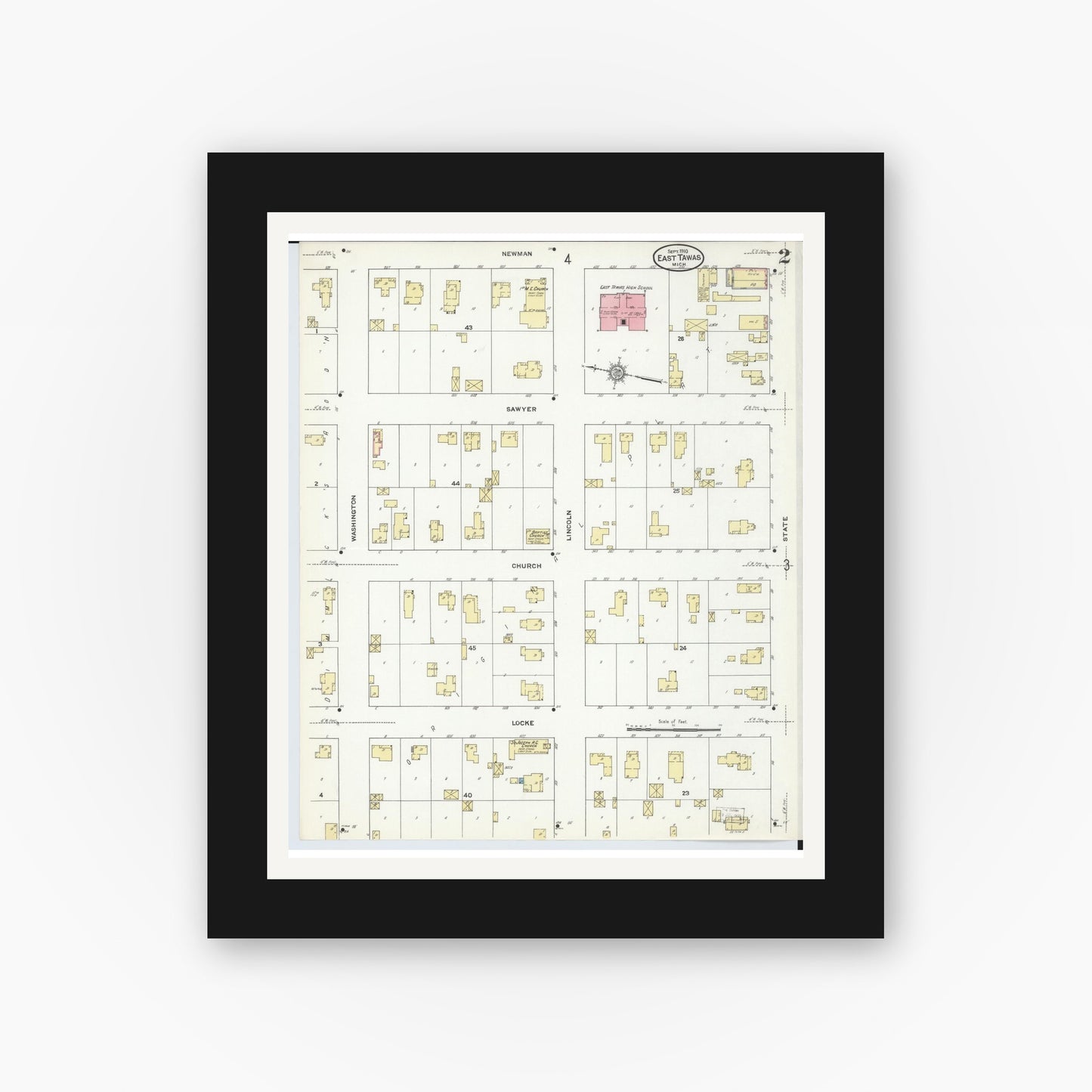 Old map wall art mockup — black gallery frame with white mat — Sanborn Fire Insurance Map from East Tawas, Iosco County, Michigan (1910), Sheet #0002