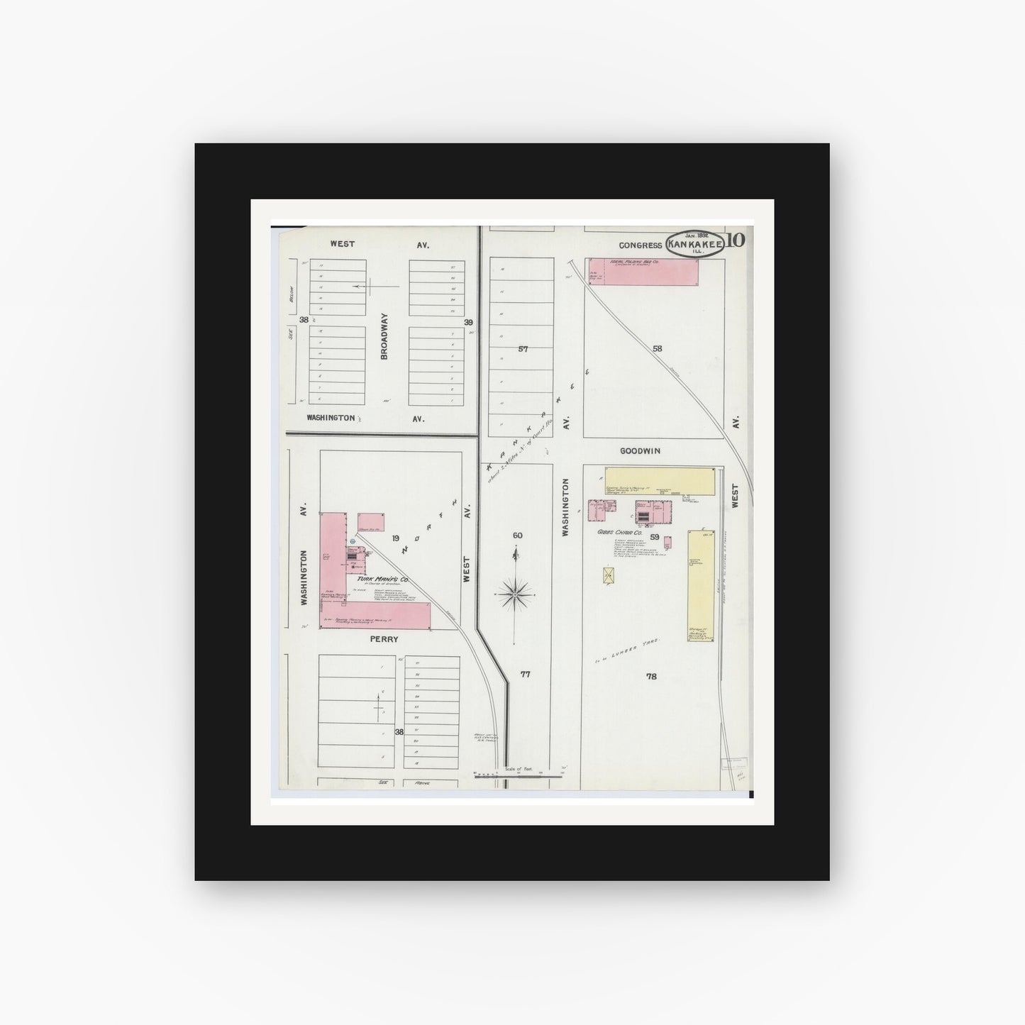 Old map wall art mockup — black gallery frame with white mat — Sanborn Fire Insurance Map from Kankakee, Kankakee County, Illinois (1892), Sheet #0010