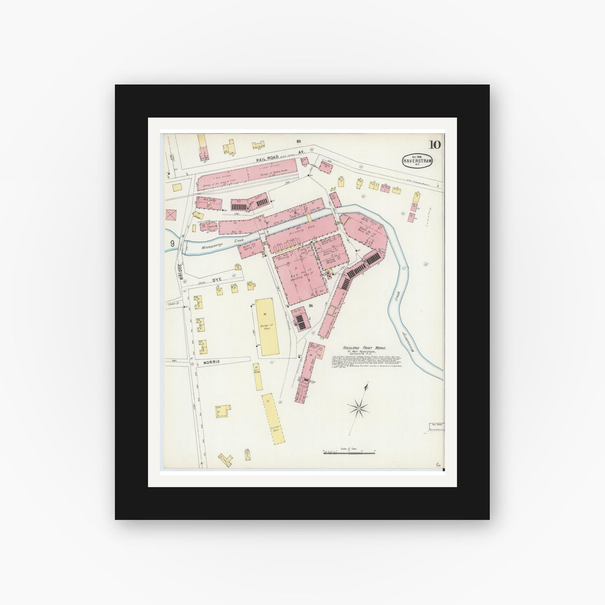 Old map wall art mockup — black gallery frame with white mat — Sanborn Fire Insurance Map from Haverstraw, Rockland County, New York (1896), Sheet #0010