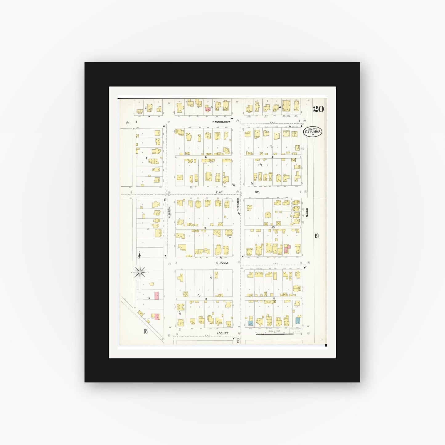 Old map wall art mockup β black gallery frame with white mat β Sanborn Fire Insurance Map from Ottumwa, Wapello County, Iowa (1902), Sheet #0020