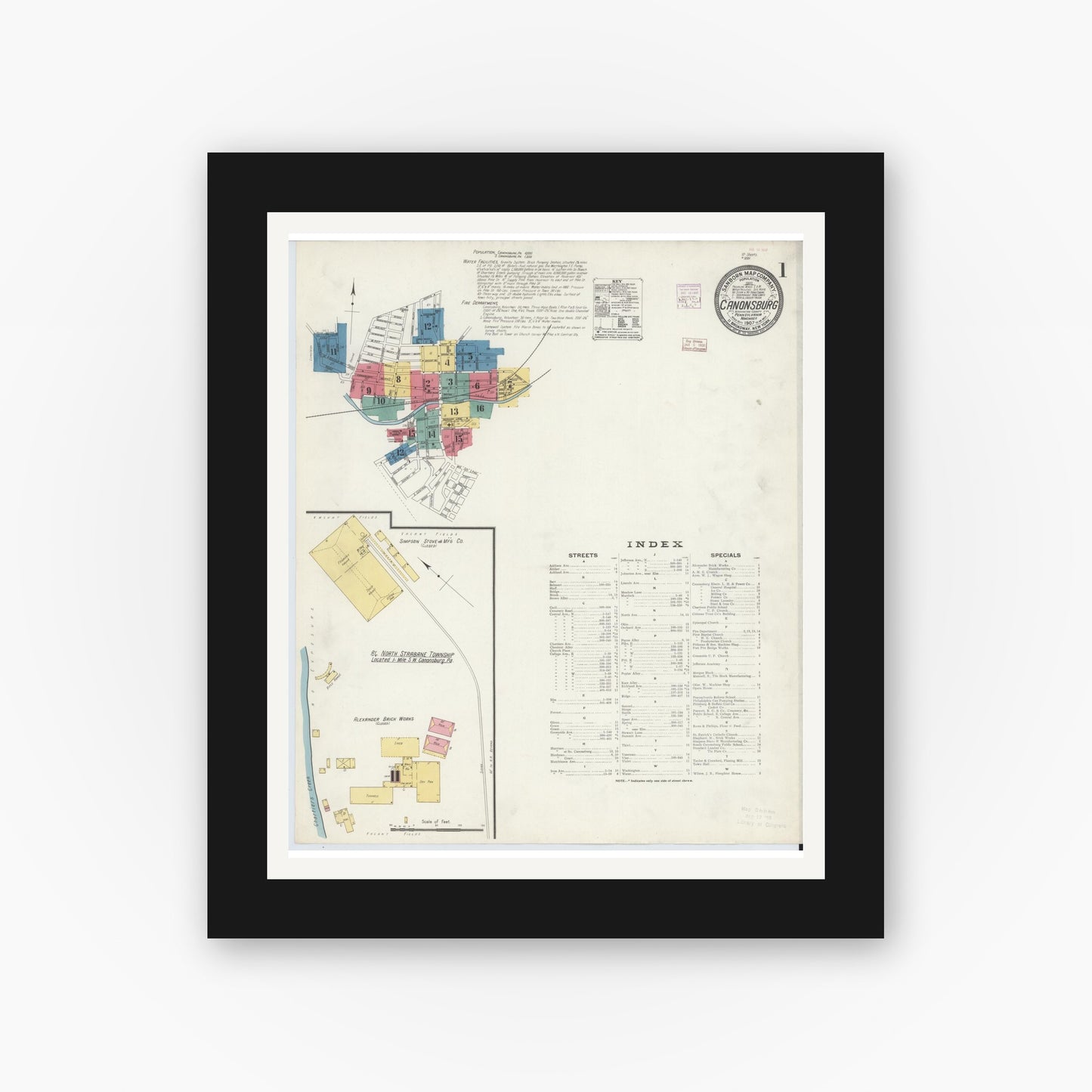Old map wall art mockup — black gallery frame with white mat — Sanborn Fire Insurance Map from Canonsburg, Washington County, Pennsylvania (1907) - Complete Map Set