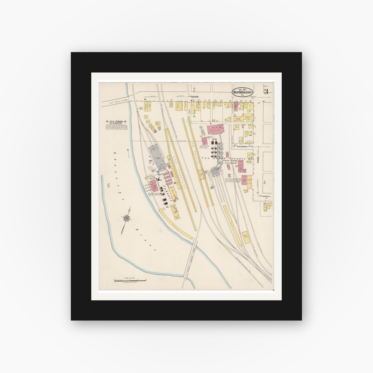 Old map wall art mockup — black gallery frame with white mat — Sanborn Fire Insurance Map from West Middlesex, Mercer County, Pennsylvania (1921), Sheet #0003
