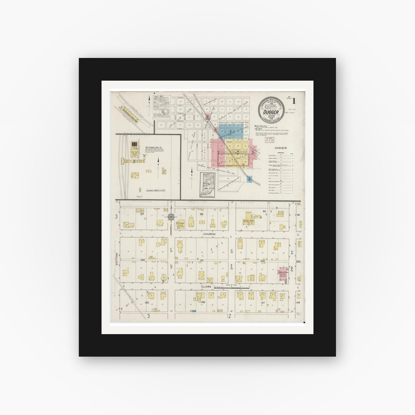 Old map wall art mockup — black gallery frame with white mat — Sanborn Fire Insurance Map from Dugger, Sullivan County, Indiana (1915) - Complete Map Set