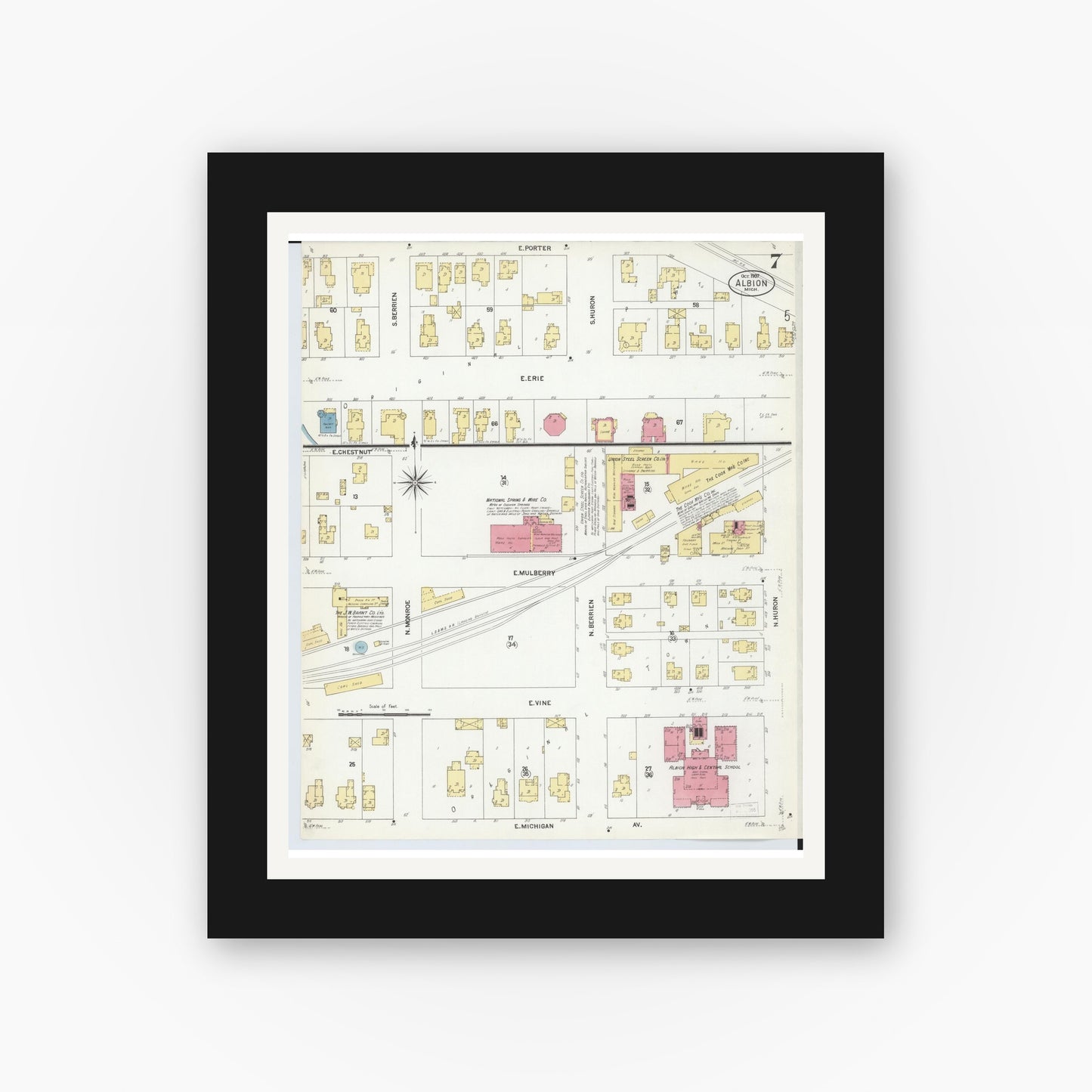 Old map wall art mockup — black gallery frame with white mat — Sanborn Fire Insurance Map from Albion, Calhoun County, Michigan (1907), Sheet #0007