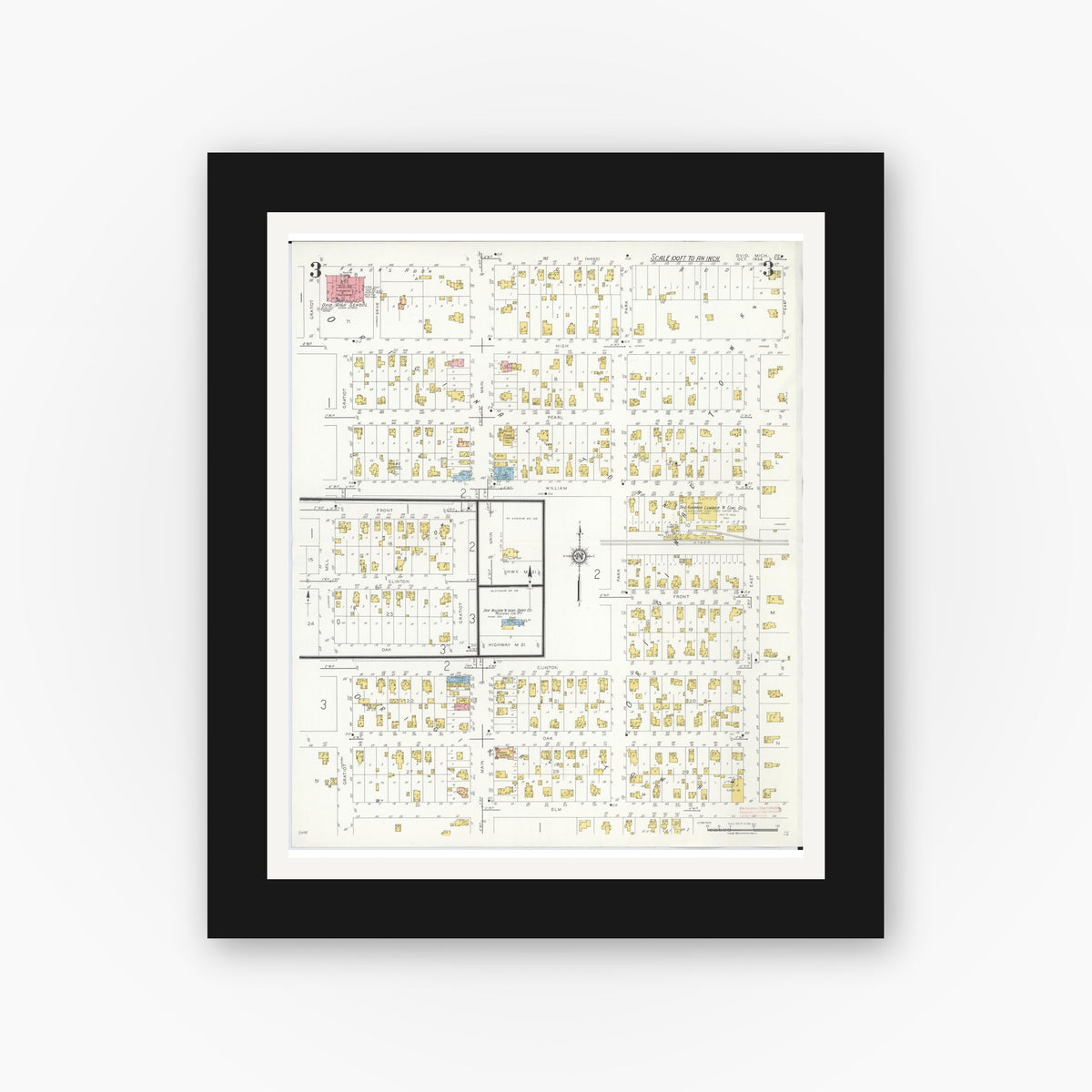 Old map wall art mockup — black gallery frame with white mat — Sanborn Fire Insurance Map from Ovid, Clinton County, Michigan (1934), Sheet #0003