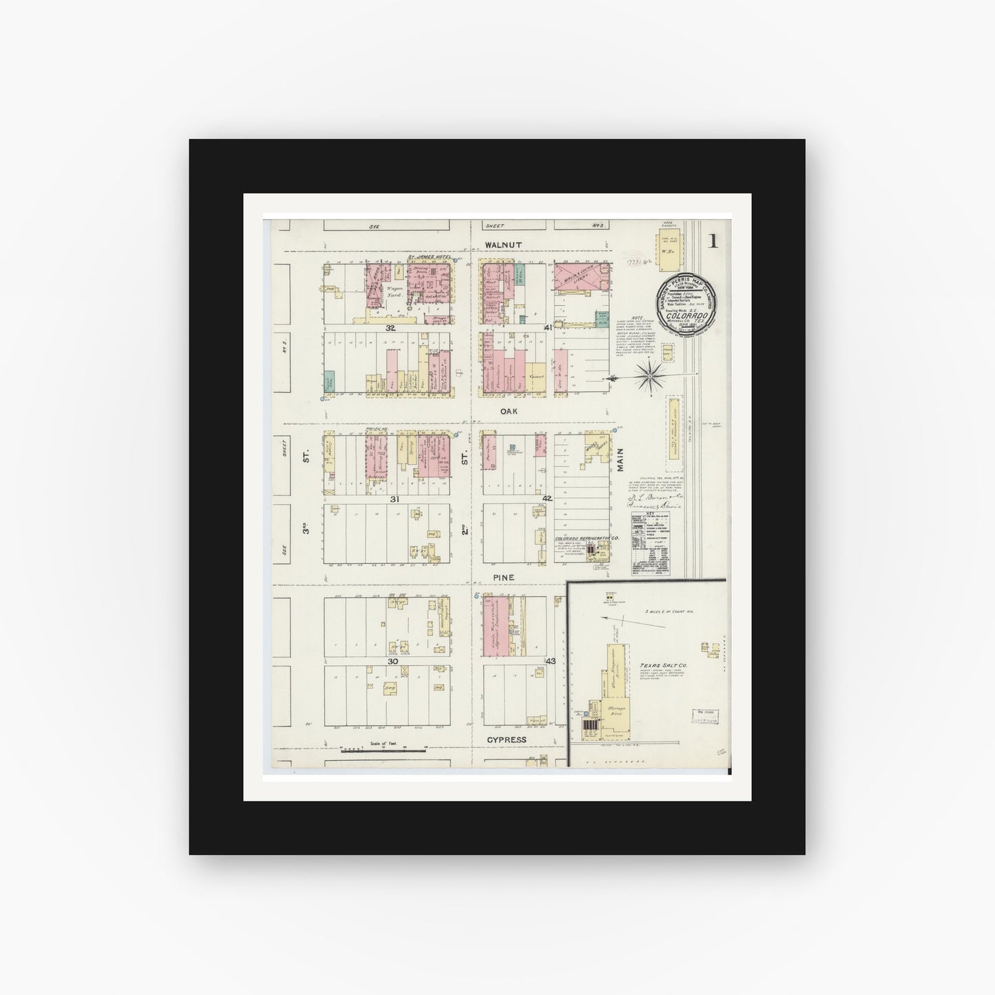 Old map wall art mockup — black gallery frame with white mat — Sanborn Fire Insurance Map from Colorado, Mitchell County, Texas (1891) - Complete Map Set
