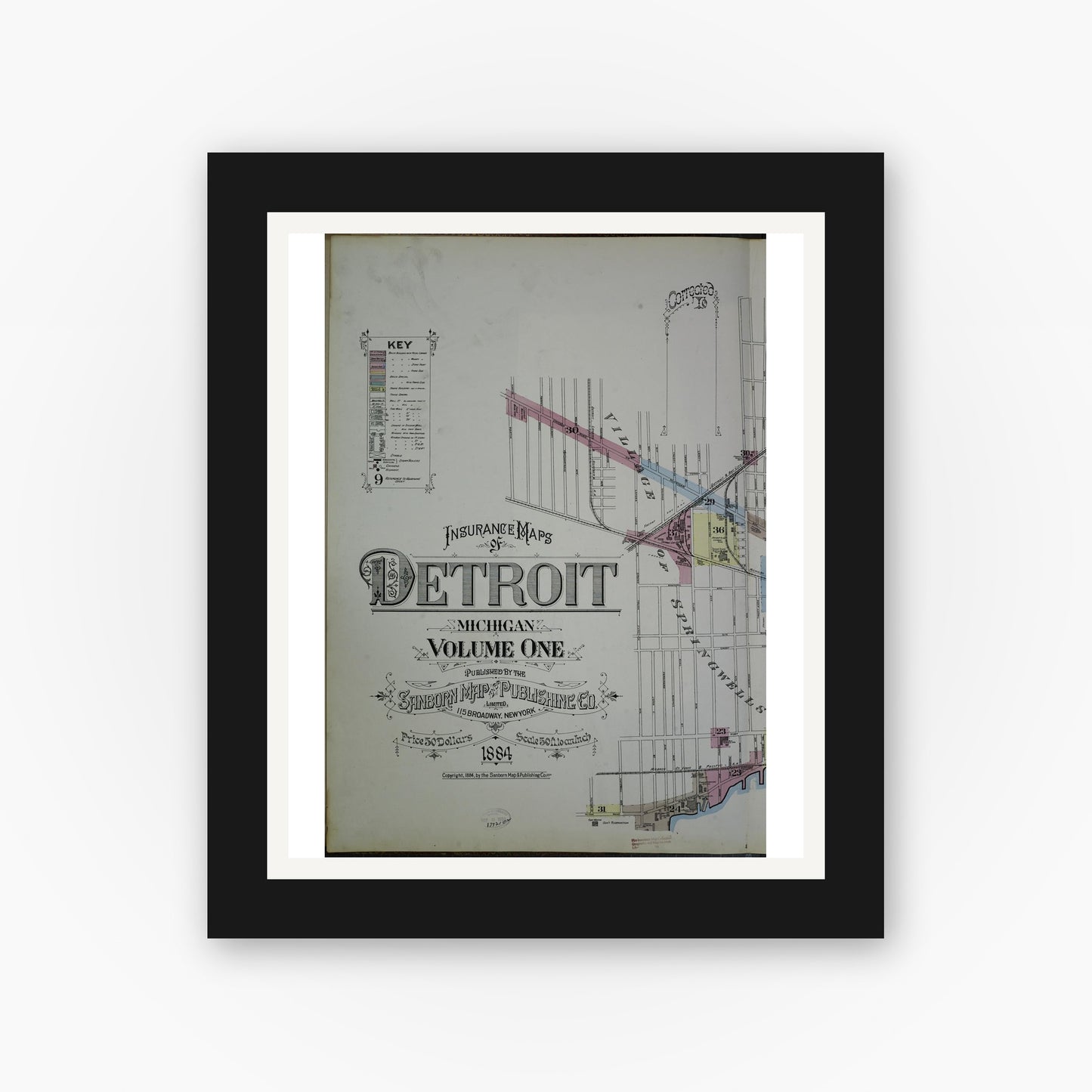 Old map wall art mockup — black gallery frame with white mat — Sanborn Fire Insurance Map from Detroit, Wayne County, Michigan (1884), Sheet #0001