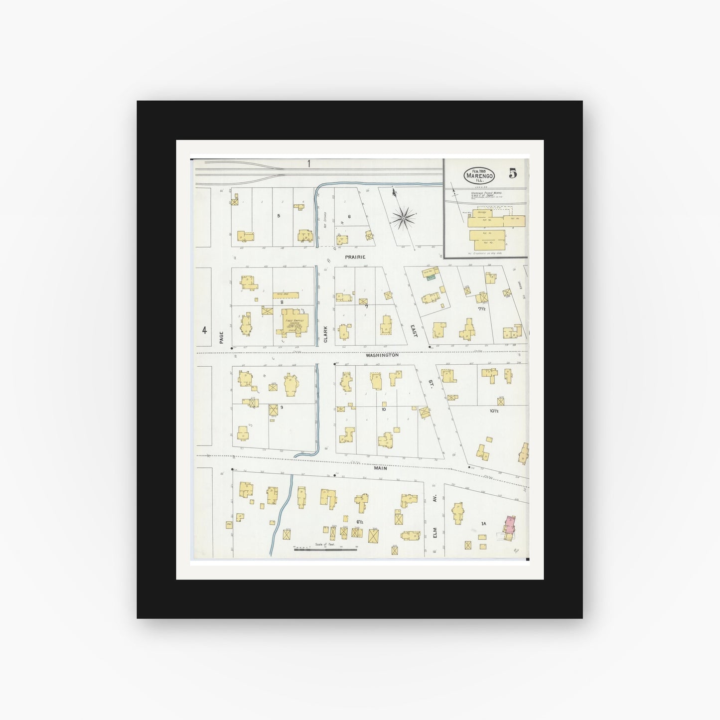 Old map wall art mockup — black gallery frame with white mat — Sanborn Fire Insurance Map from Marengo, McHenry County, Illinois (1905), Sheet #0005