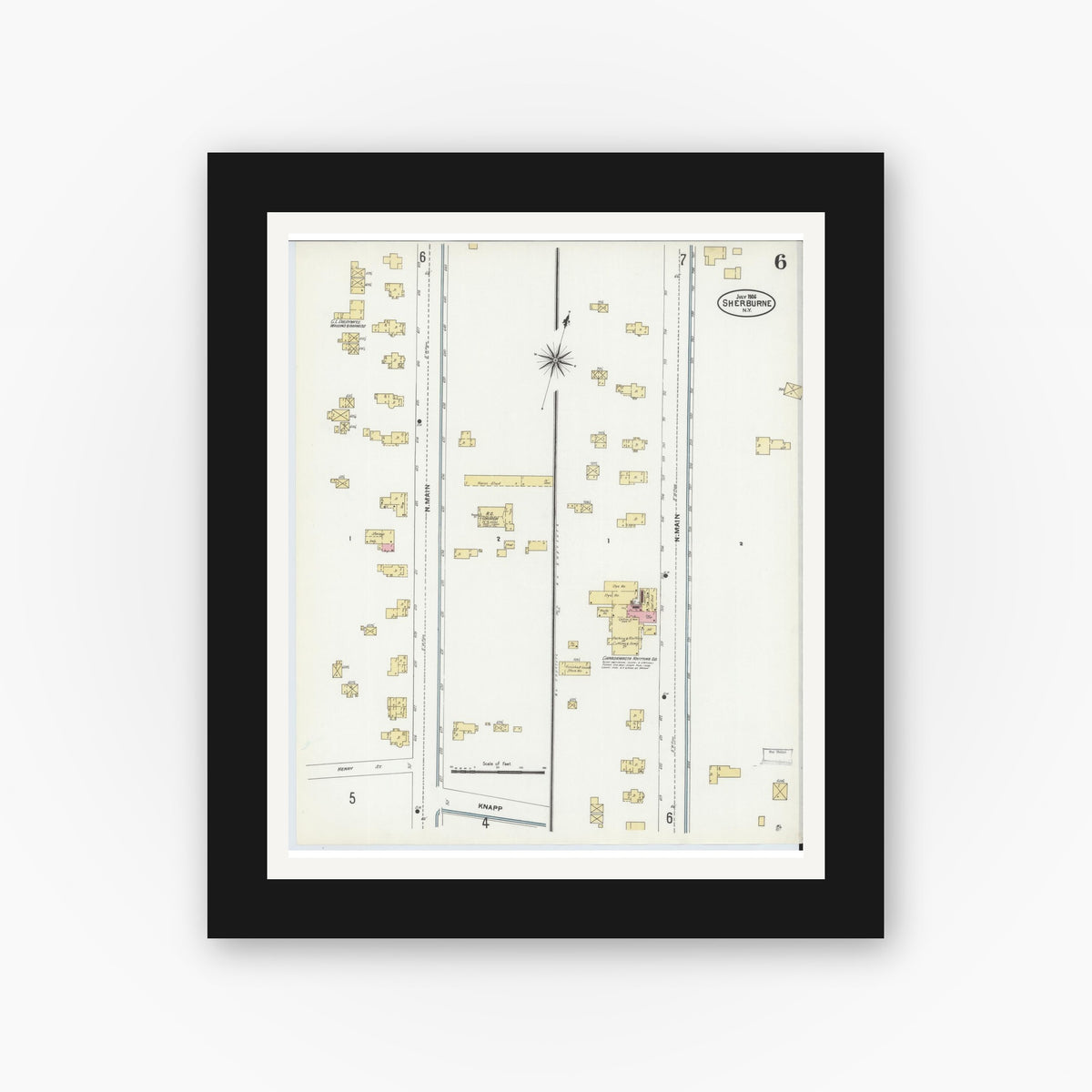 Old map wall art mockup — black gallery frame with white mat — Sanborn Fire Insurance Map from Sherburne, Chenango County, New York (1906), Sheet #0006