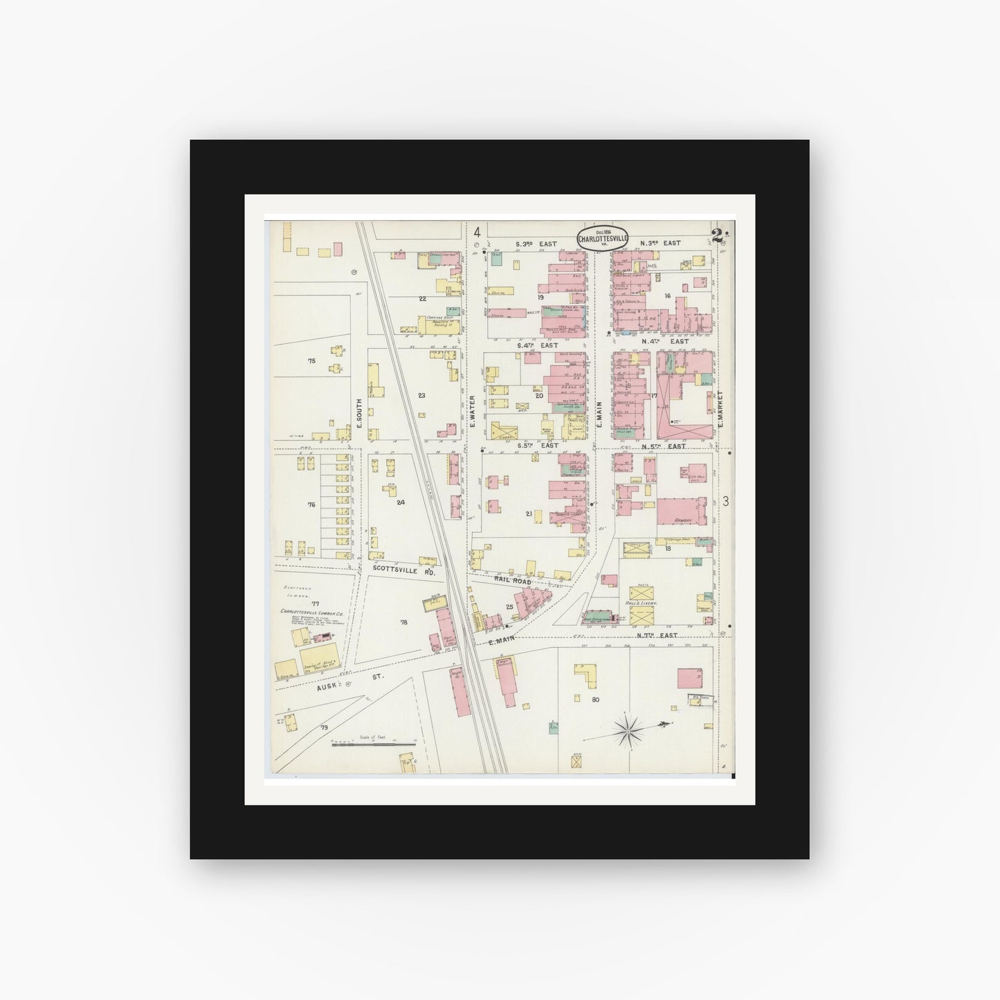 Old map wall art mockup — black gallery frame with white mat — Sanborn Fire Insurance Map from Charlottesville, Independent Cities, Virginia (1896), Sheet #0002