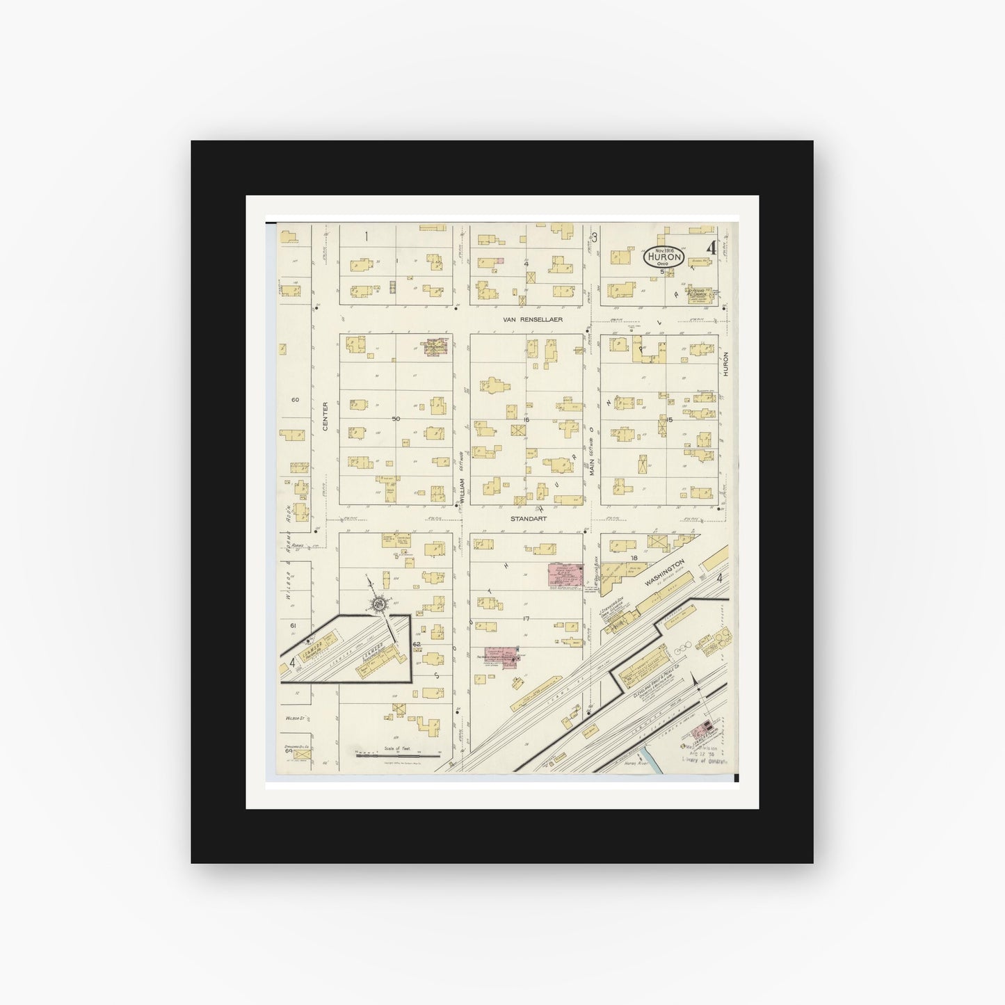 Old map wall art mockup — black gallery frame with white mat — Sanborn Fire Insurance Map from Huron, Erie County, Ohio (1916), Sheet #0004