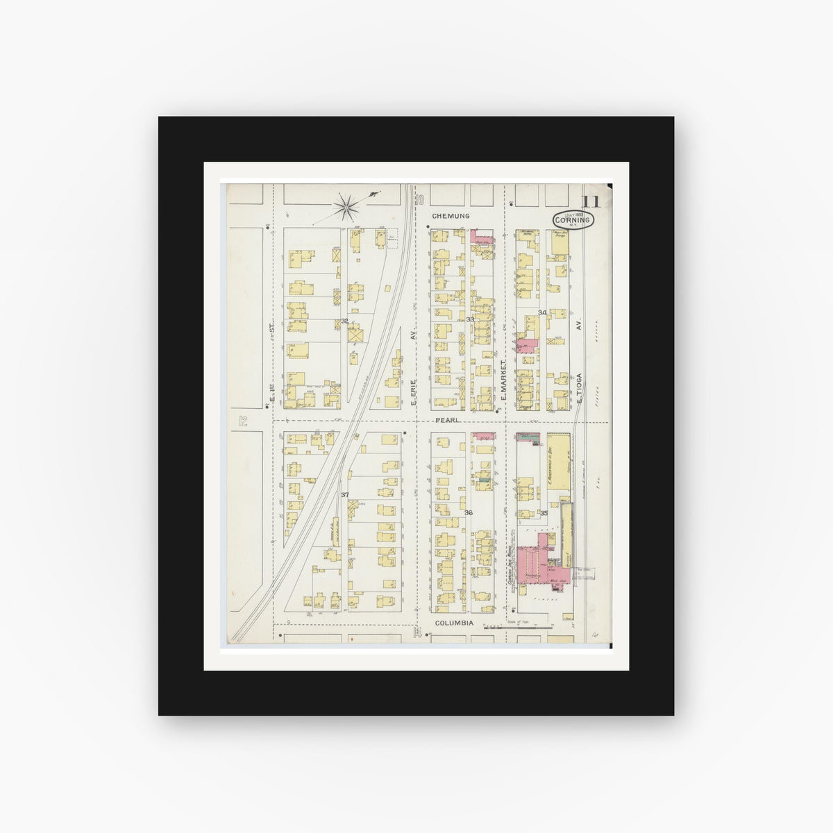 Old map wall art mockup — black gallery frame with white mat — Sanborn Fire Insurance Map from Corning, Steuben County, New York (1893), Sheet #0011