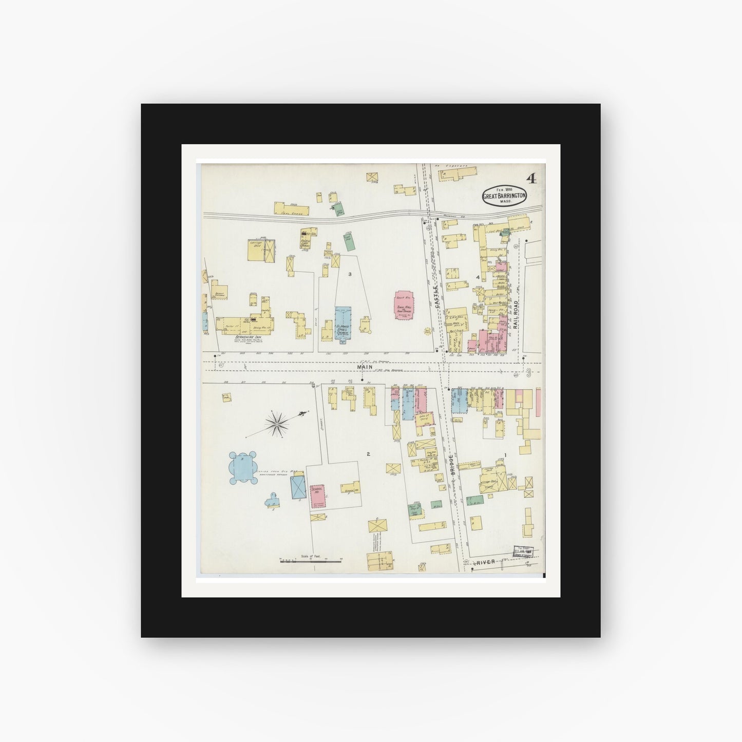 Old map wall art mockup — black gallery frame with white mat — Sanborn Fire Insurance Map from Great Barrington, Berkshire County, Massachusetts (1895), Sheet #0004