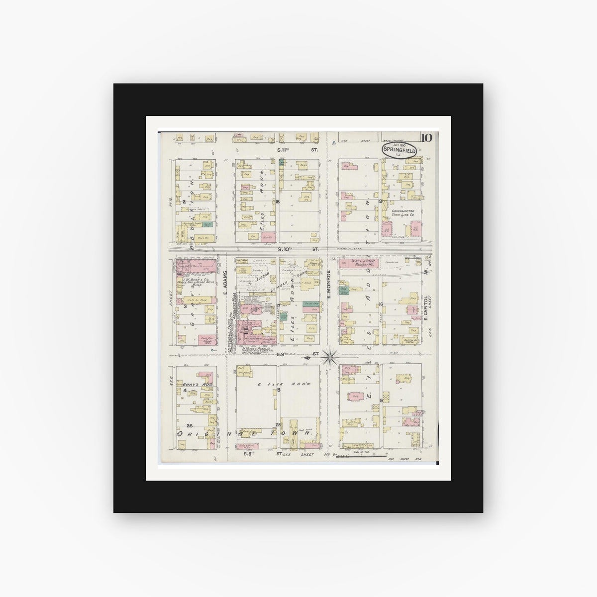 Old map wall art mockup — black gallery frame with white mat — Sanborn Fire Insurance Map from Springfield, Sangamon County, Illinois (1890), Sheet #0010