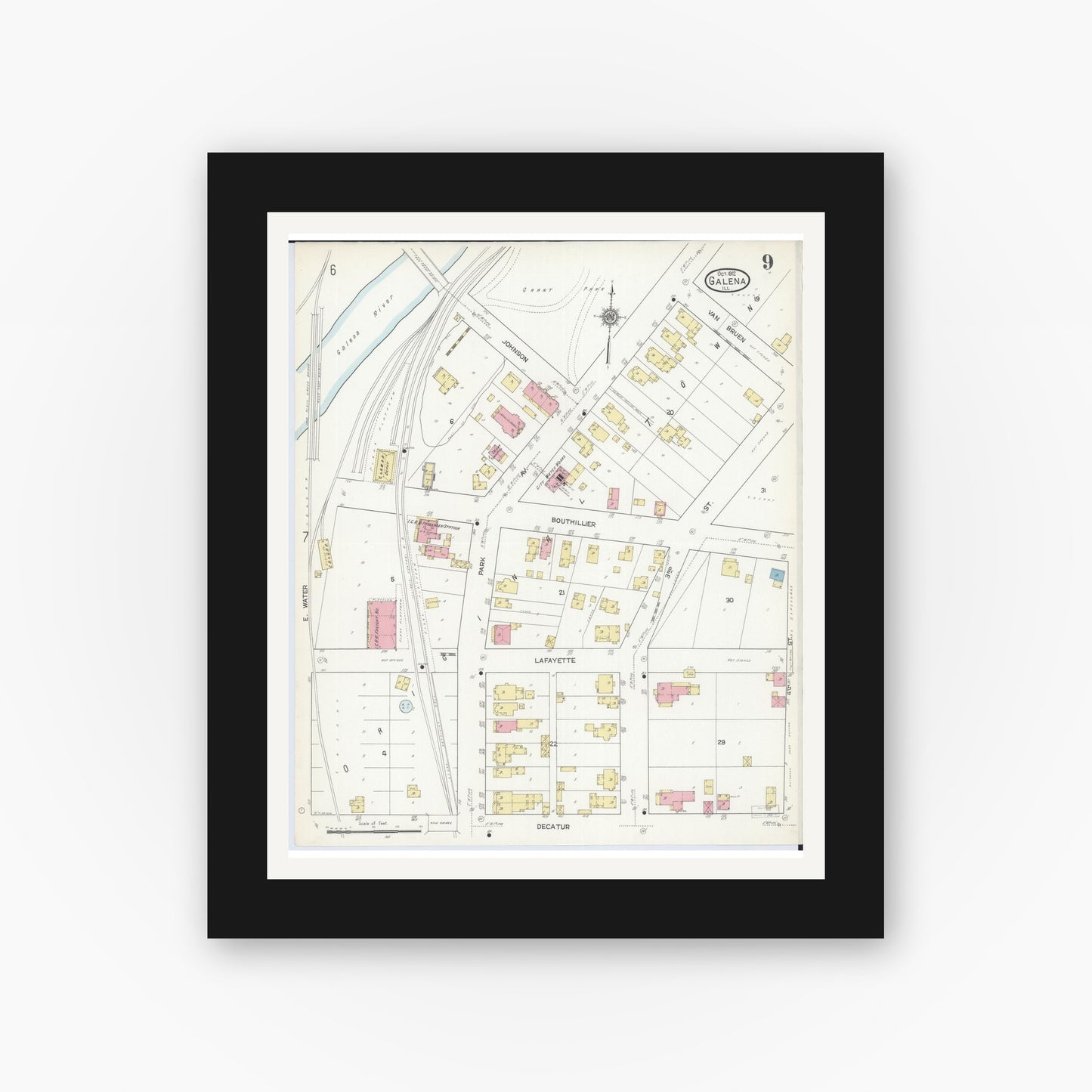 Old map wall art mockup — black gallery frame with white mat — Sanborn Fire Insurance Map from Galena, Jo Daviess County, Illinois (1912), Sheet #0009