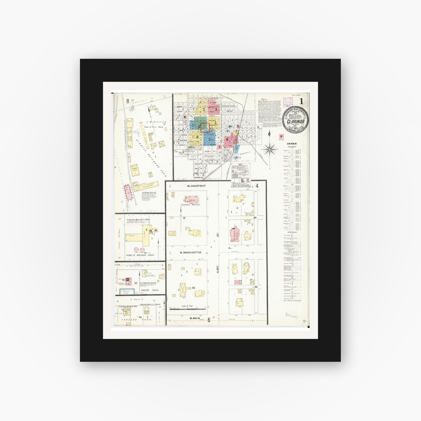 Old map wall art mockup — black gallery frame with white mat — Sanborn Fire Insurance Map from Clarinda, Page County, Iowa (1906), Sheet #0001
