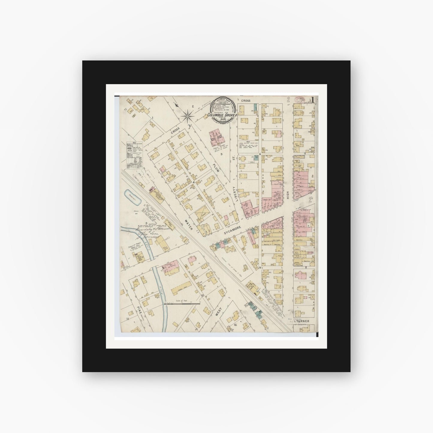 Old map wall art mockup — black gallery frame with white mat — Sanborn Fire Insurance Map from Columbus Grove, Putnam County, Ohio (1895), Sheet #0001