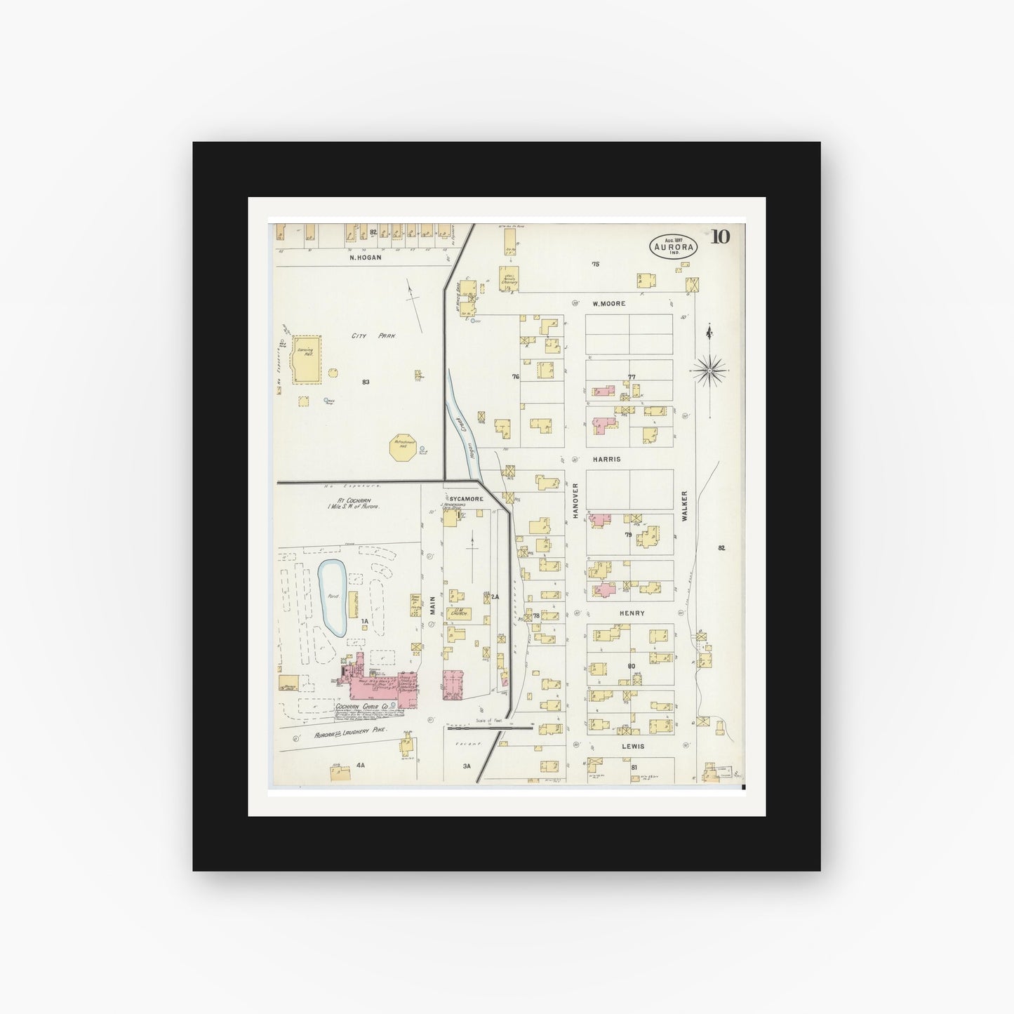 Old map wall art mockup — black gallery frame with white mat — Sanborn Fire Insurance Map from Aurora, Dearborn County, Indiana (1897), Sheet #0010