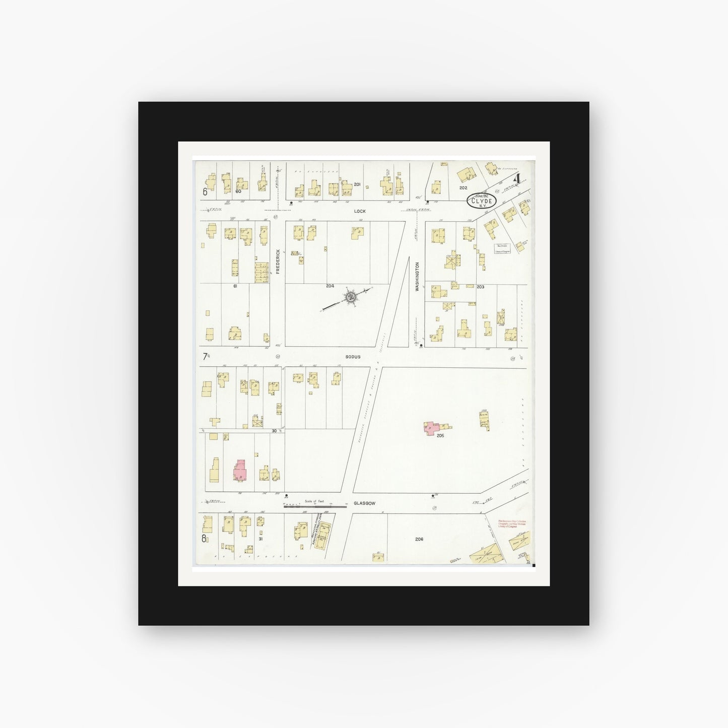Old map wall art mockup — black gallery frame with white mat — Sanborn Fire Insurance Map from Clyde, Wayne County, New York (1912), Sheet #0004