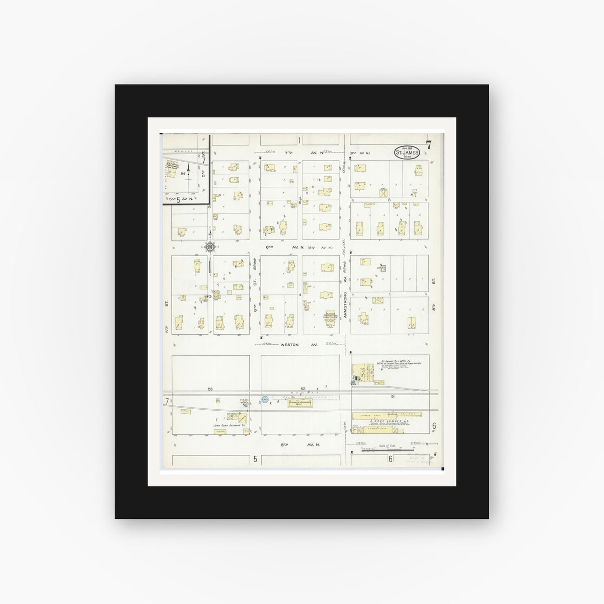 Old map wall art mockup — black gallery frame with white mat — Sanborn Fire Insurance Map from Saint James, Watonwan County, Minnesota (1914), Sheet #0007