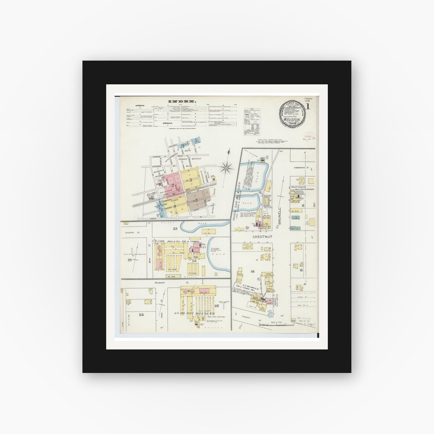 Old map wall art mockup — black gallery frame with white mat — Sanborn Fire Insurance Map from Wauseon, Fulton County, Ohio (1893), Sheet #0001