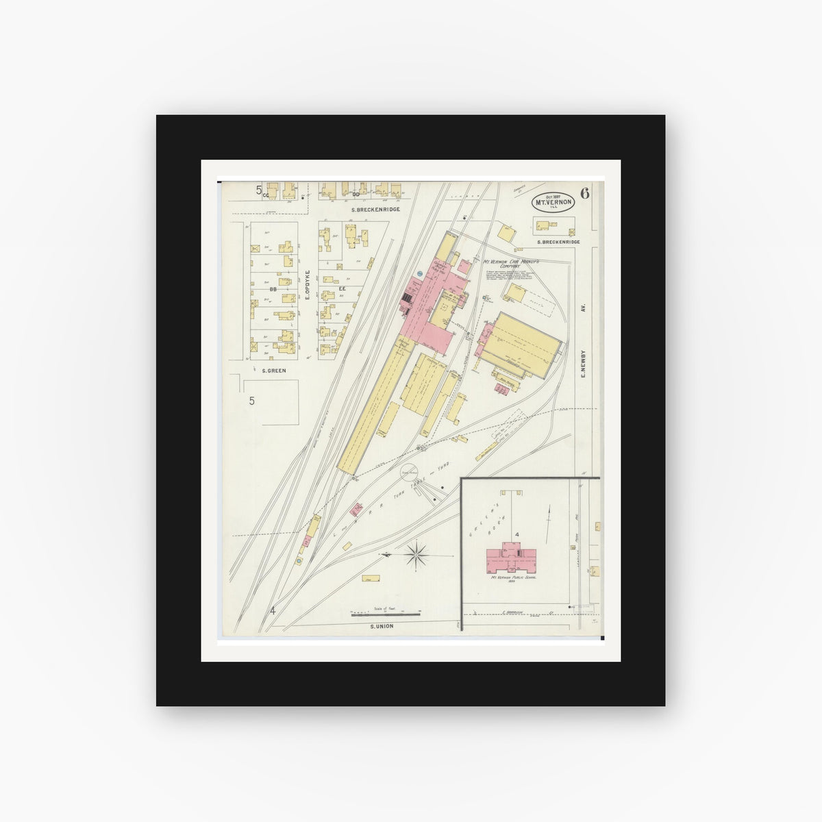 Old map wall art mockup — black gallery frame with white mat — Sanborn Fire Insurance Map from Mount Vernon, Jefferson County, Illinois (1897), Sheet #0006