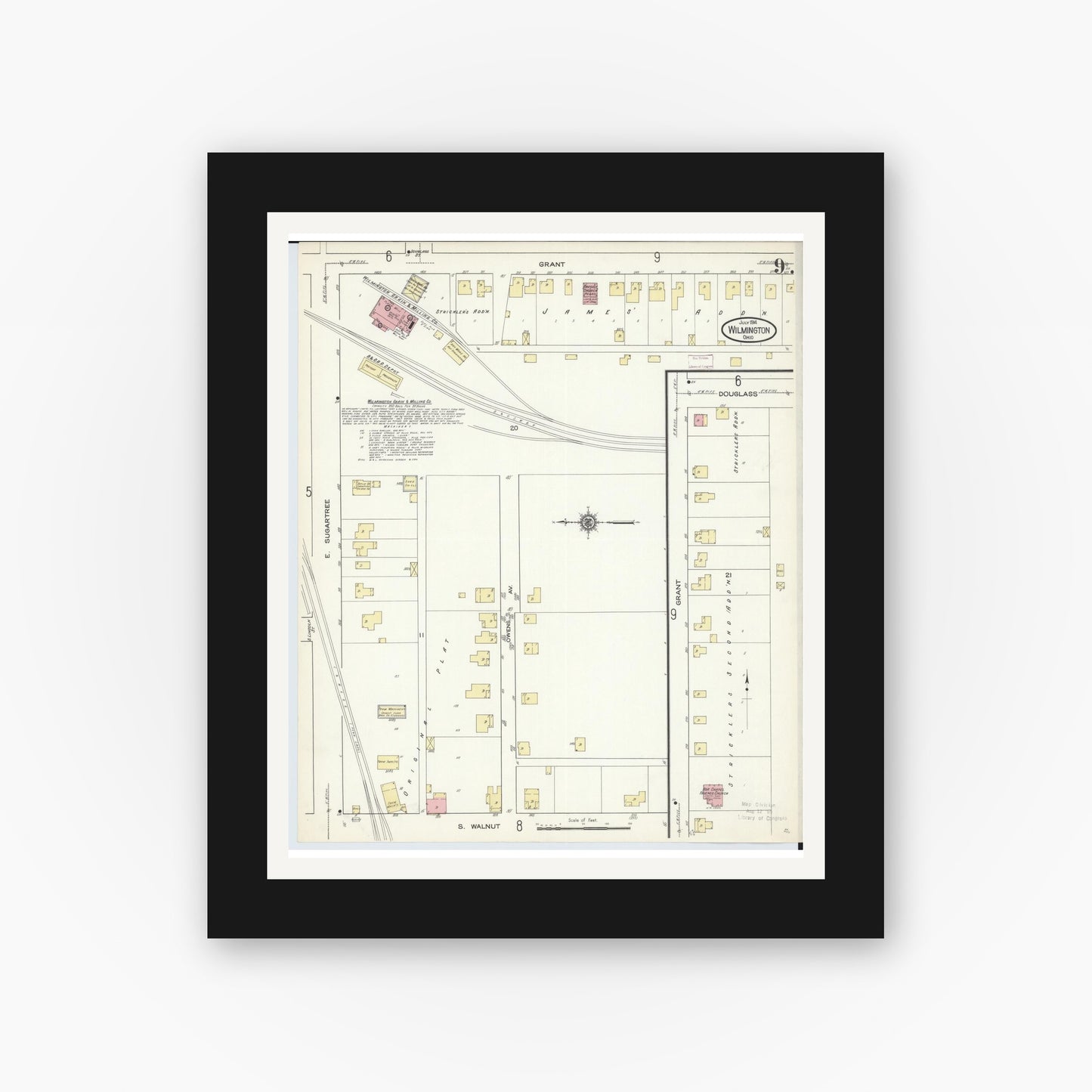 Old map wall art mockup — black gallery frame with white mat — Sanborn Fire Insurance Map from Wilmington, Clinton County, Ohio (1914), Sheet #0009