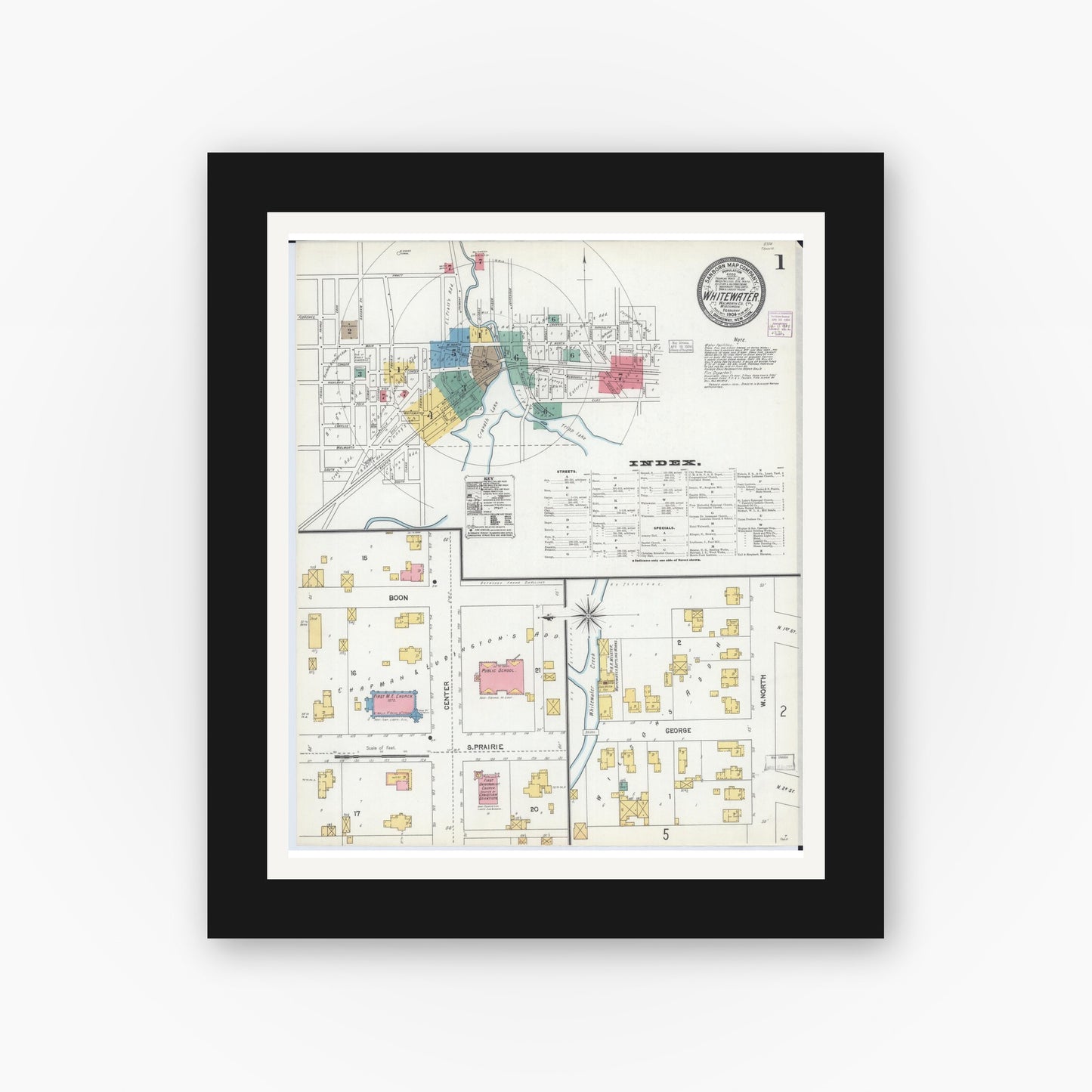 Old map wall art mockup — black gallery frame with white mat — Sanborn Fire Insurance Map from Whitewater, Walworth County, Wisconsin (1904), Sheet #0001