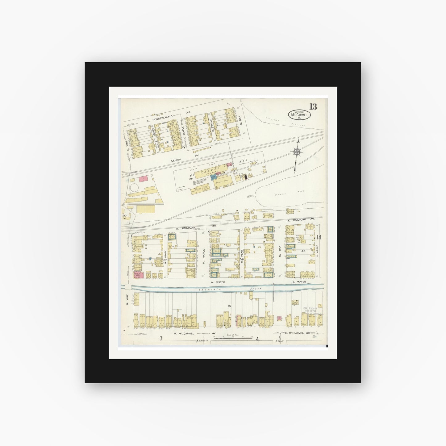 Old map wall art mockup — black gallery frame with white mat — Sanborn Fire Insurance Map from Mount Carmel, Northumberland County, Pennsylvania (1913), Sheet #0013