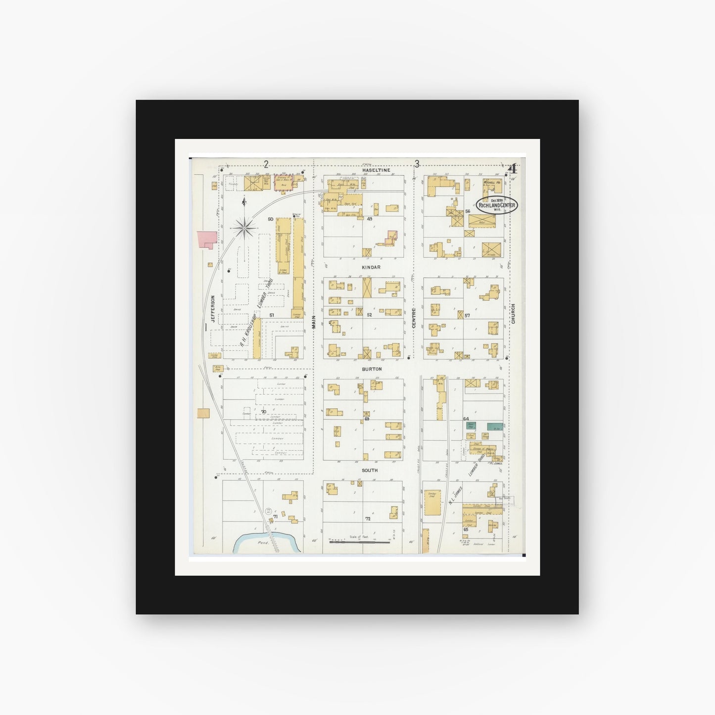 Old map wall art mockup — black gallery frame with white mat — Sanborn Fire Insurance Map from Richland Center, Richland County, Wisconsin (1899), Sheet #0004