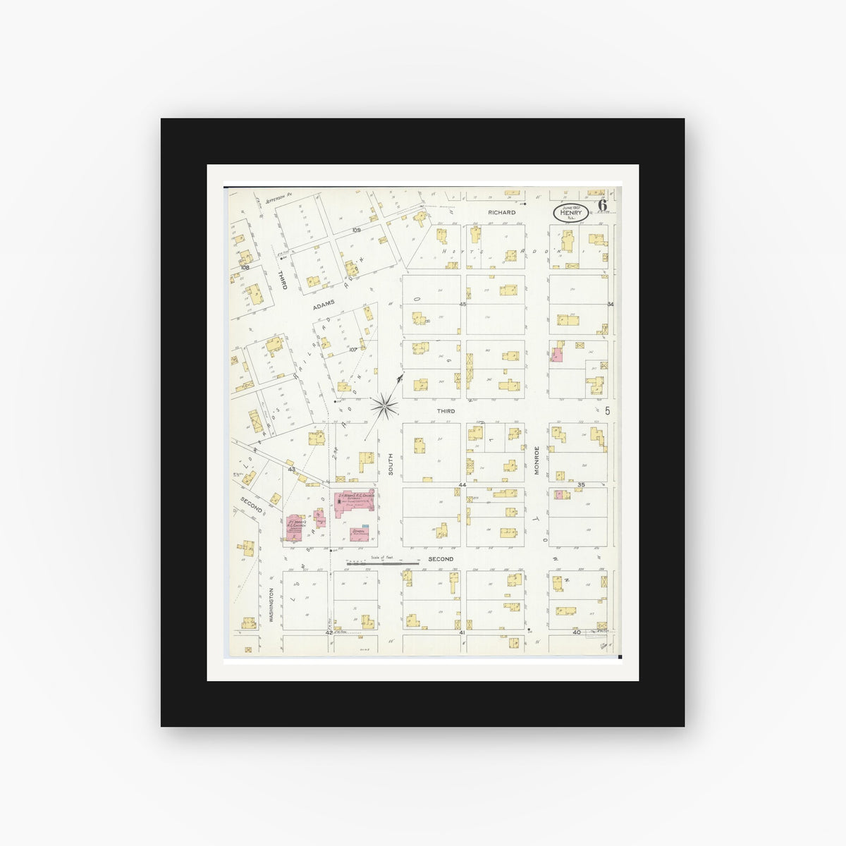 Old map wall art mockup — black gallery frame with white mat — Sanborn Fire Insurance Map from Henry, Marshall County, Illinois (1907), Sheet #0006