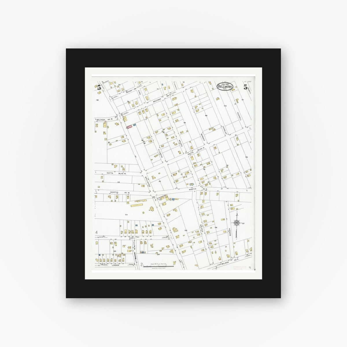 Old map wall art mockup — black gallery frame with white mat — Sanborn Fire Insurance Map from Bellmore, Nassau County, New York (1927), Sheet #0005