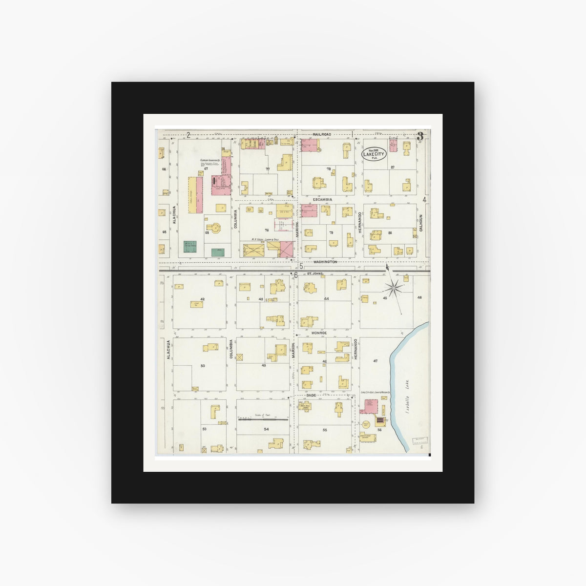 Old map wall art mockup — black gallery frame with white mat — Sanborn Fire Insurance Map from Lake City, Columbia County, Florida (1902), Sheet #0003