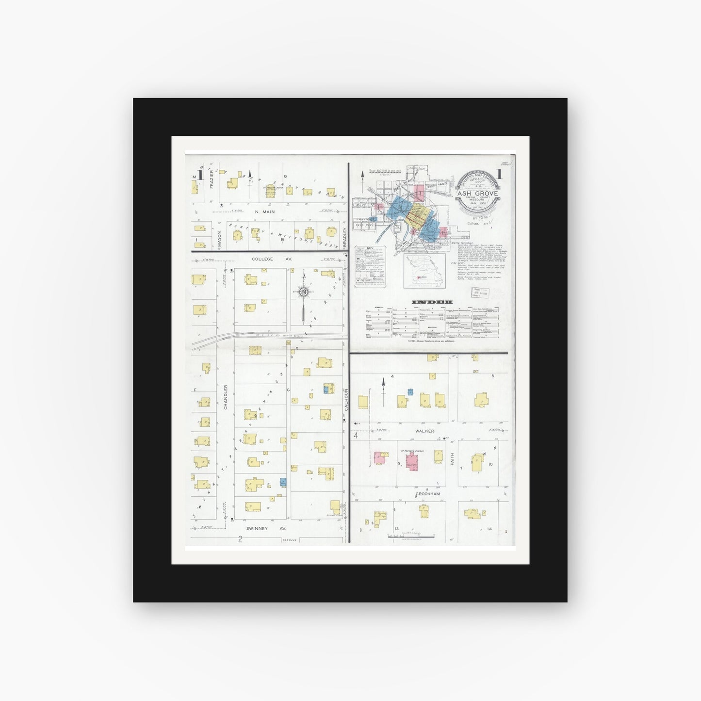 Old map wall art mockup — black gallery frame with white mat — Sanborn Fire Insurance Map from Ash Grove, Greene County, Missouri (1931) - Complete Map Set