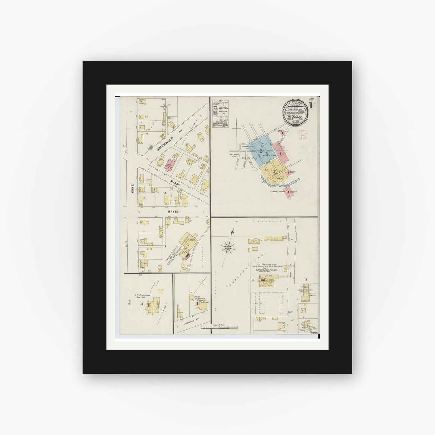 Old map wall art mockup β black gallery frame with white mat β Sanborn Fire Insurance Map from Degraff, Logan County, Ohio (1895) - Complete Map Set