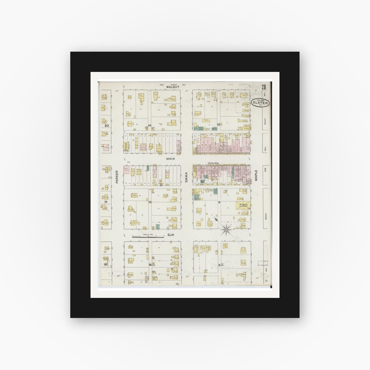Old map wall art mockup — black gallery frame with white mat — Sanborn Fire Insurance Map from Slater, Saline County, Missouri (1890), Sheet #0003