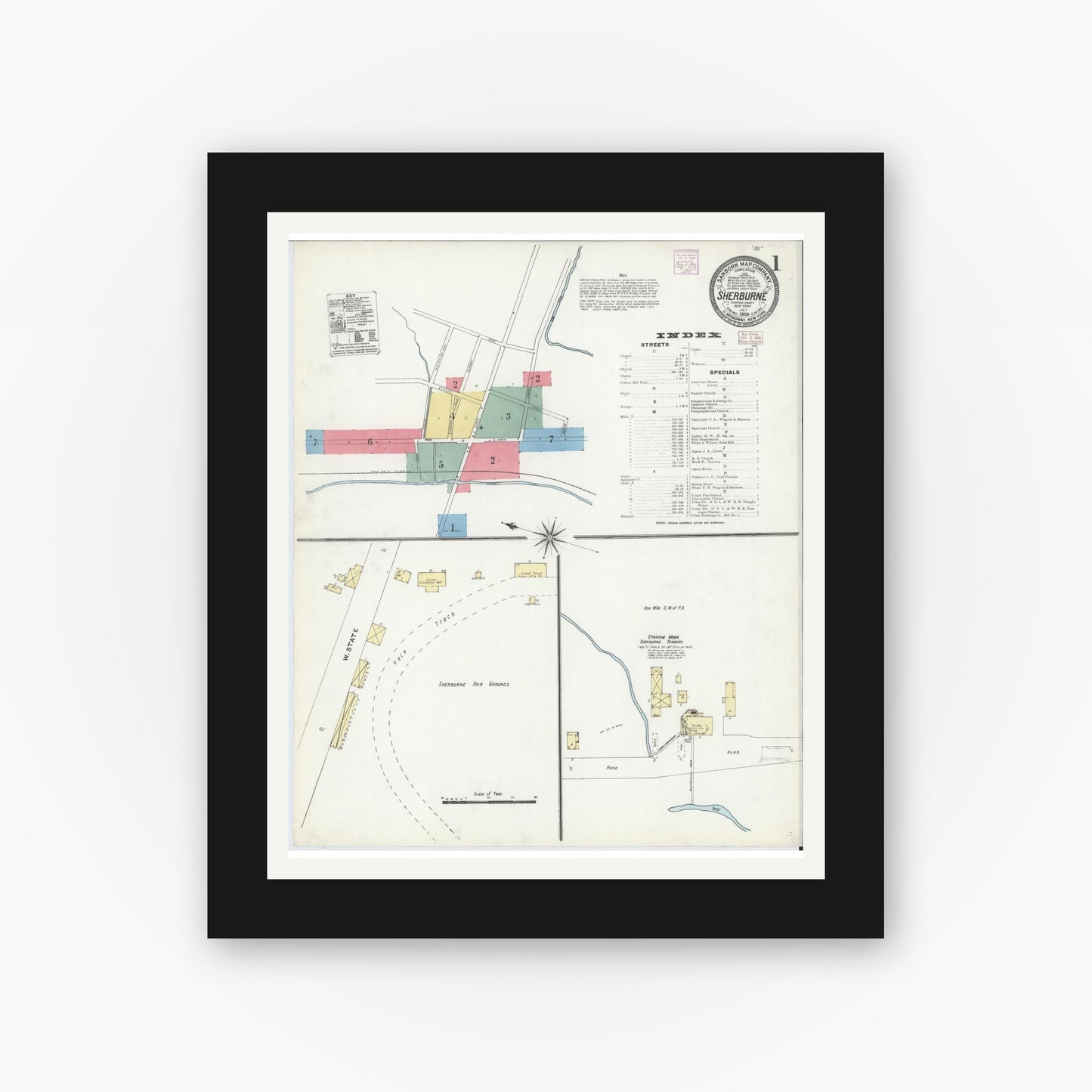 Old map wall art mockup — black gallery frame with white mat — Sanborn Fire Insurance Map from Sherburne, Chenango County, New York (1906), Sheet #0001
