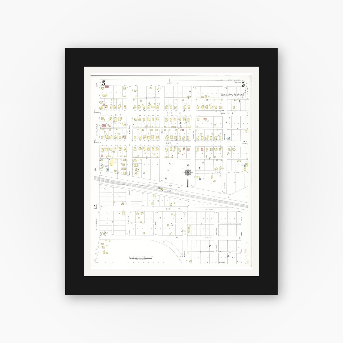 Old map wall art mockup — black gallery frame with white mat — Sanborn Fire Insurance Map from West Liberty, Muscatine County, Iowa (1941), Sheet #0005