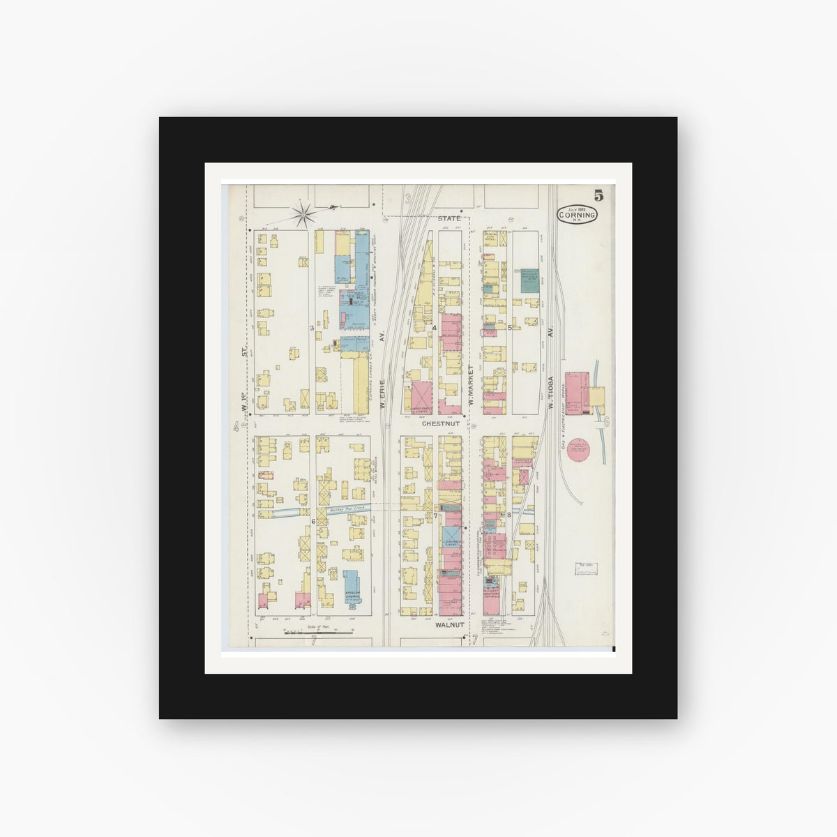 Old map wall art mockup — black gallery frame with white mat — Sanborn Fire Insurance Map from Corning, Steuben County, New York (1893), Sheet #0005