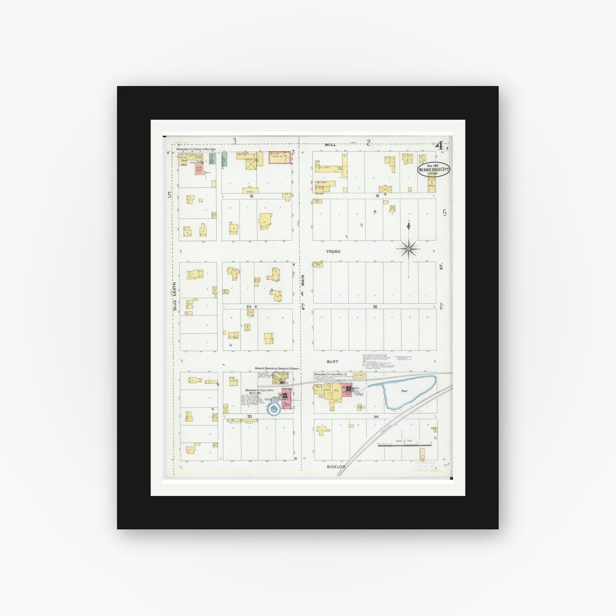 Old map wall art mockup — black gallery frame with white mat — Sanborn Fire Insurance Map from Winnebago, Faribault County, Minnesota (1905), Sheet #0004