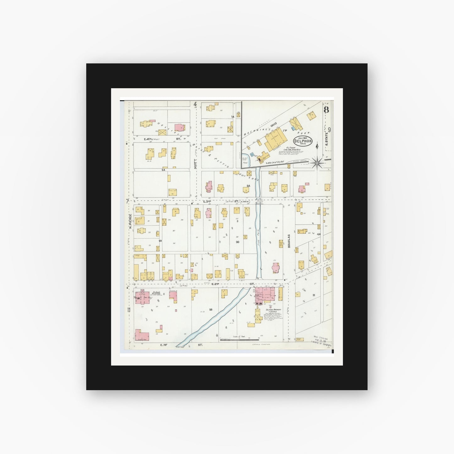 Old map wall art mockup — black gallery frame with white mat — Sanborn Fire Insurance Map from Delphos, Van Wert And Allen Counties, Ohio (1904), Sheet #0008