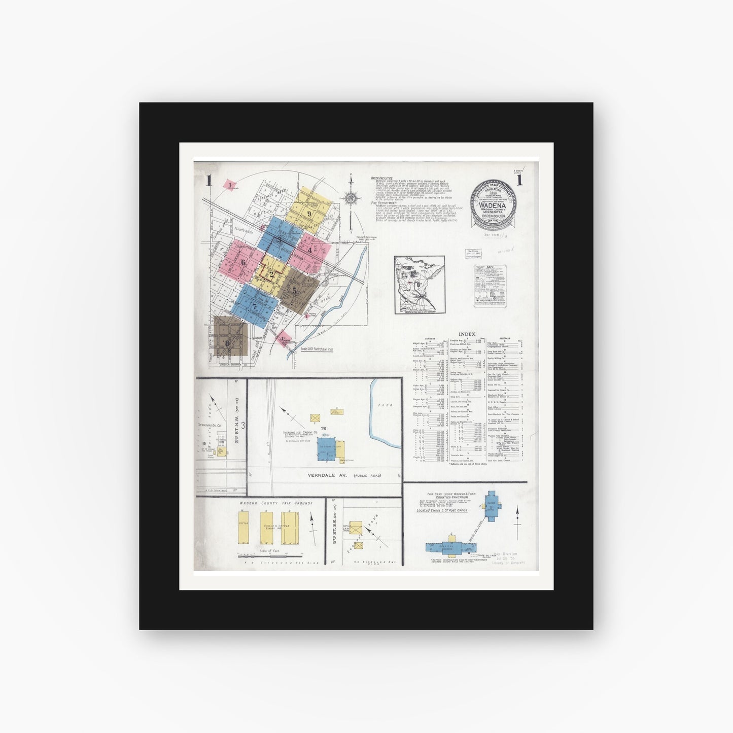 Old map wall art mockup — black gallery frame with white mat — Sanborn Fire Insurance Map from Wadena, Wadena County, Minnesota (1924) - Complete Map Set