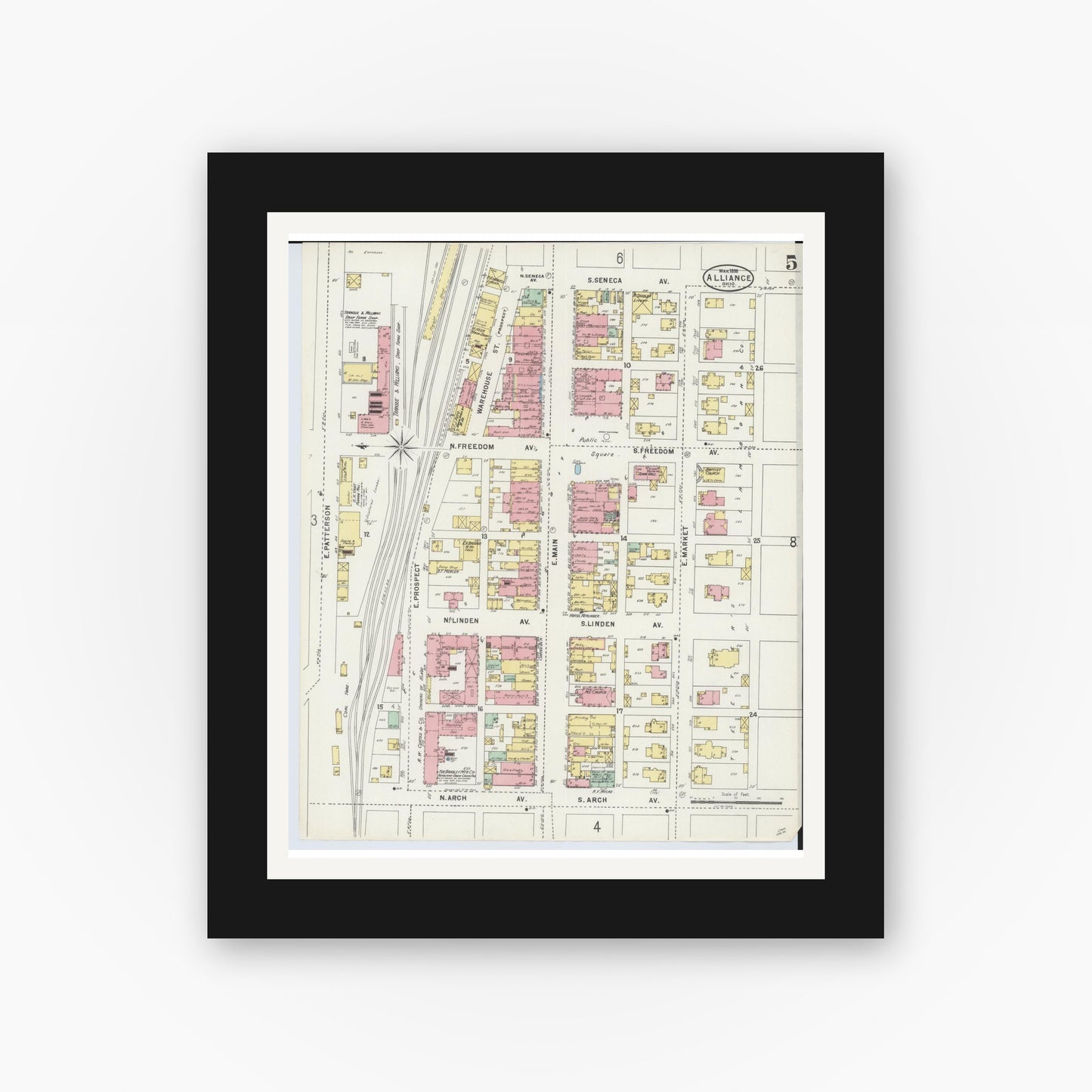 Old map wall art mockup — black gallery frame with white mat — Sanborn Fire Insurance Map from Alliance, Stark County, Ohio (1898), Sheet #0005