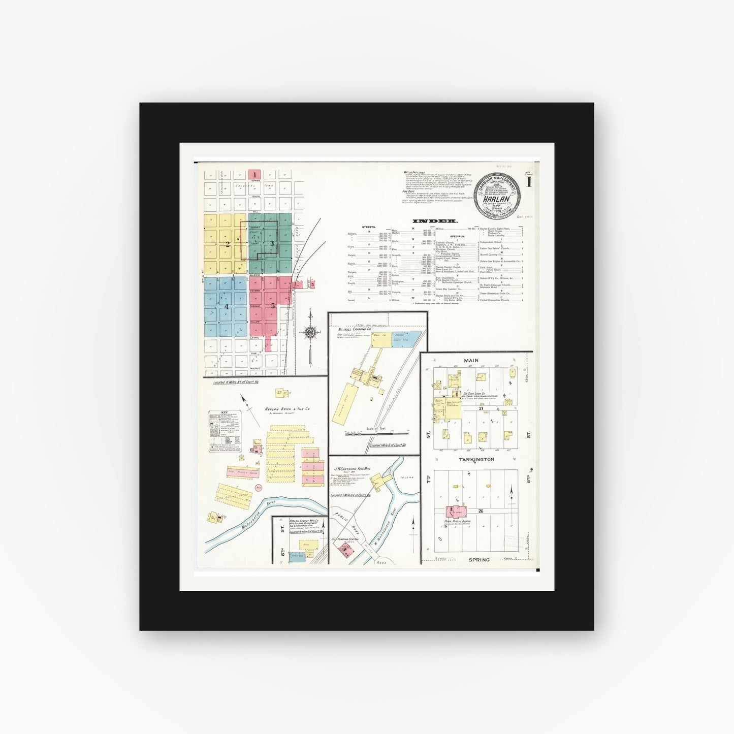 Old map wall art mockup — black gallery frame with white mat — Sanborn Fire Insurance Map from Harlan, Shelby County, Iowa (1909), Sheet #0001