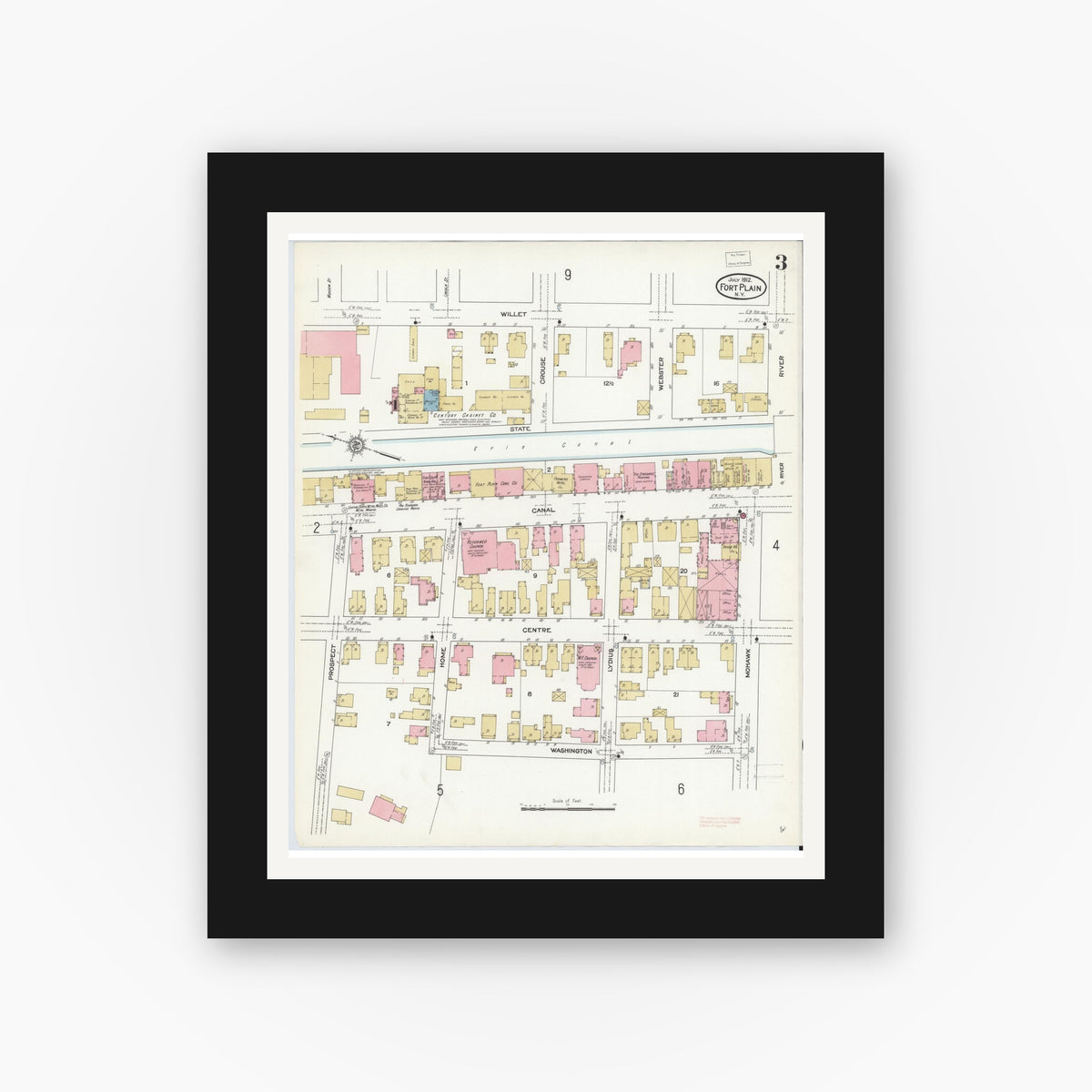 Old map wall art mockup — black gallery frame with white mat — Sanborn Fire Insurance Map from Fort Plain, Montgomery County, New York (1912), Sheet #0003